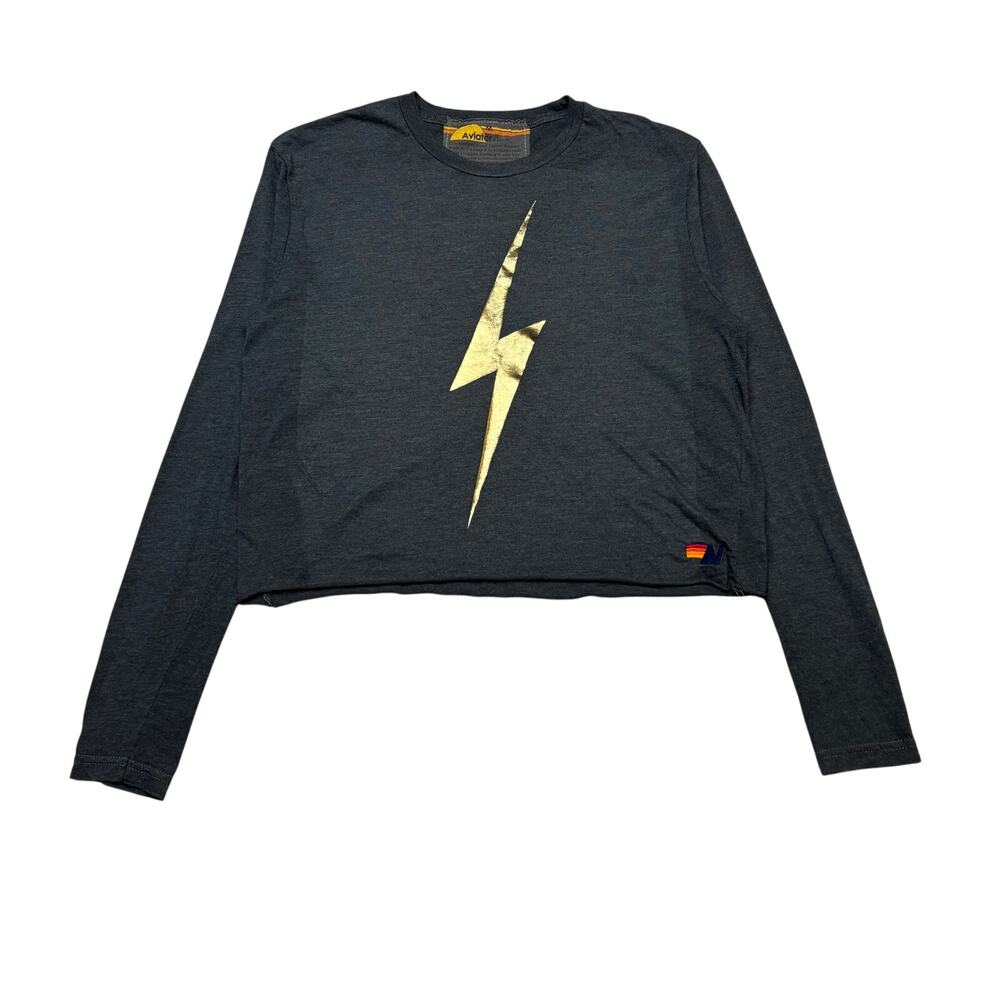 Aviator Nation Bolt Metallic Gold Cropped Boyfriend LS Tee Women's Medium